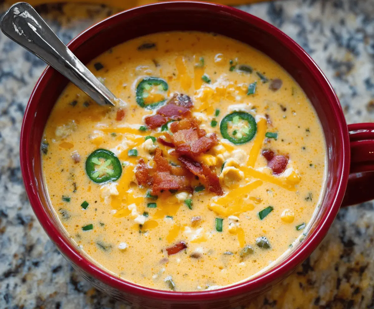 Creamy Jalapeno Popper Soup garnished with shredded cheese, crispy bacon, and chopped green onions in a bowl, showcasing spicy, cheesy comfort food perfect for warming up.
