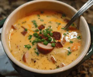 Creamy kielbasa potato soup in a bowl with slices of kielbasa, diced potatoes, and fresh herbs, perfect for a hearty meal.