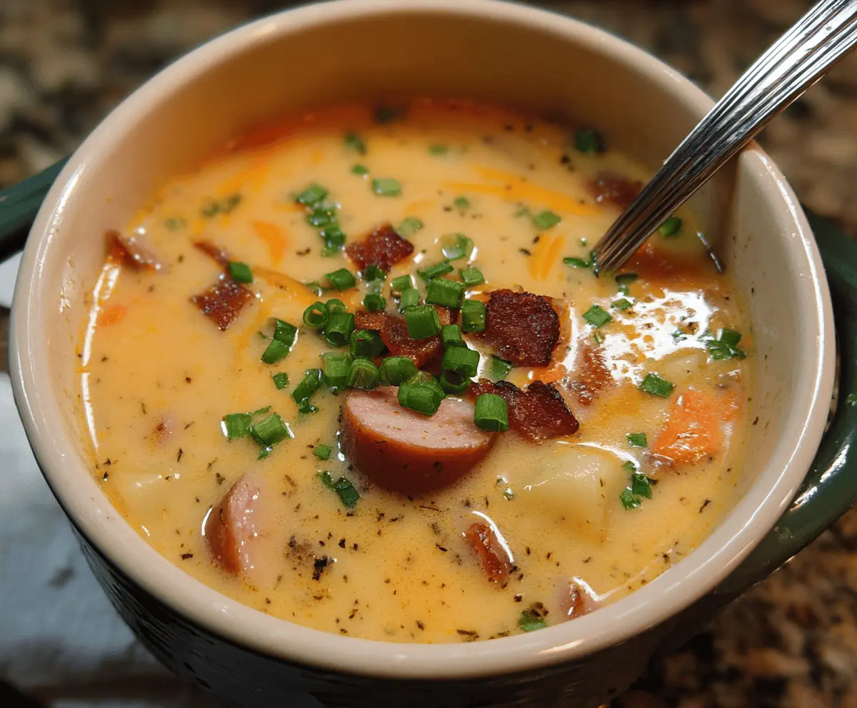 Creamy kielbasa potato soup in a bowl with slices of kielbasa, diced potatoes, and fresh herbs, perfect for a hearty meal.