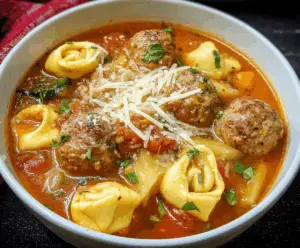 A bowl of hearty meatball soup with cheese tortellini, garnished with fresh herbs and grated cheese, served in a white ceramic bowl on a rustic wooden table.