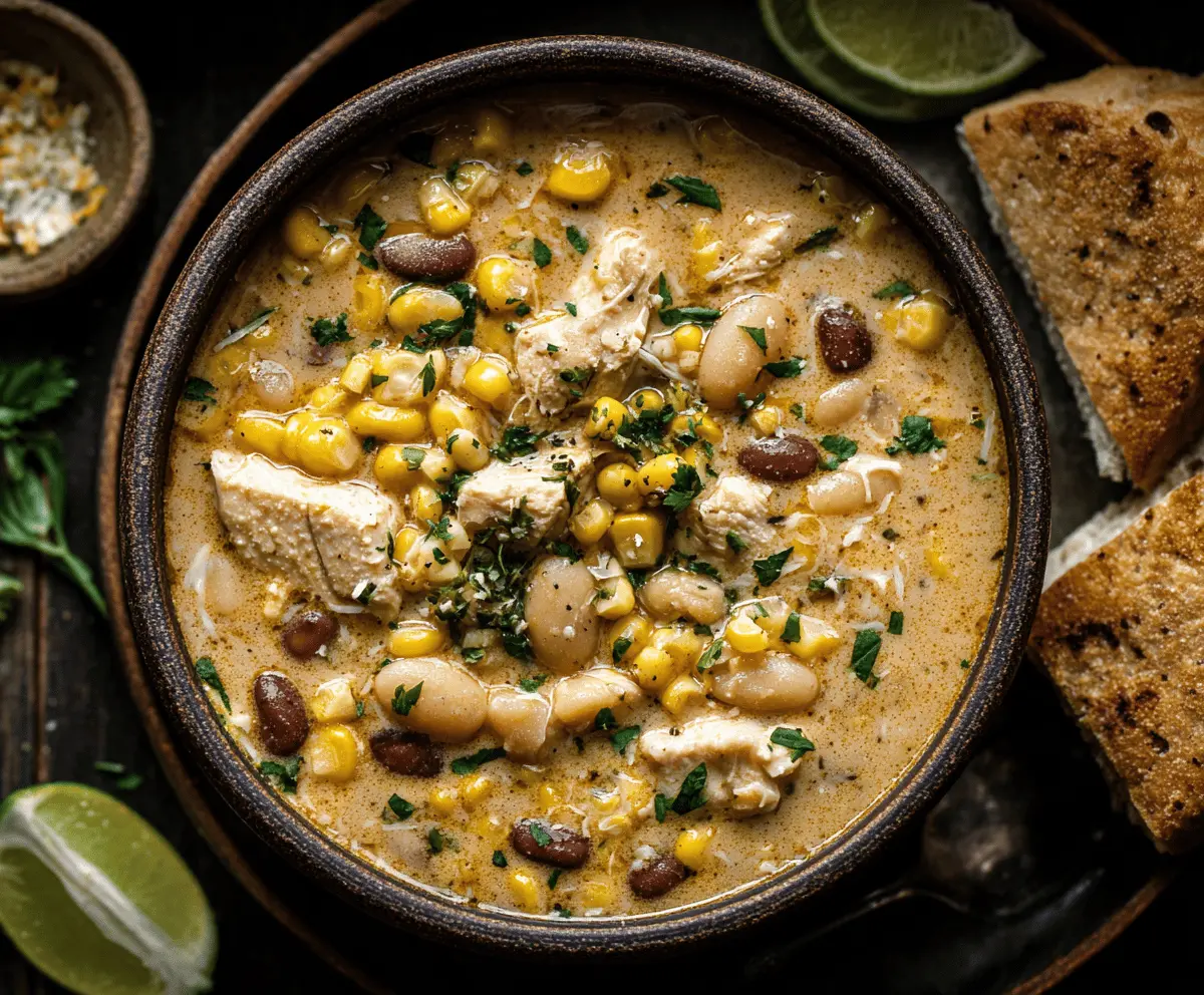 Creamy Mexican Street Corn White Chicken Chili topped with fresh cilantro and crumbled queso fresco, served in a bowl.