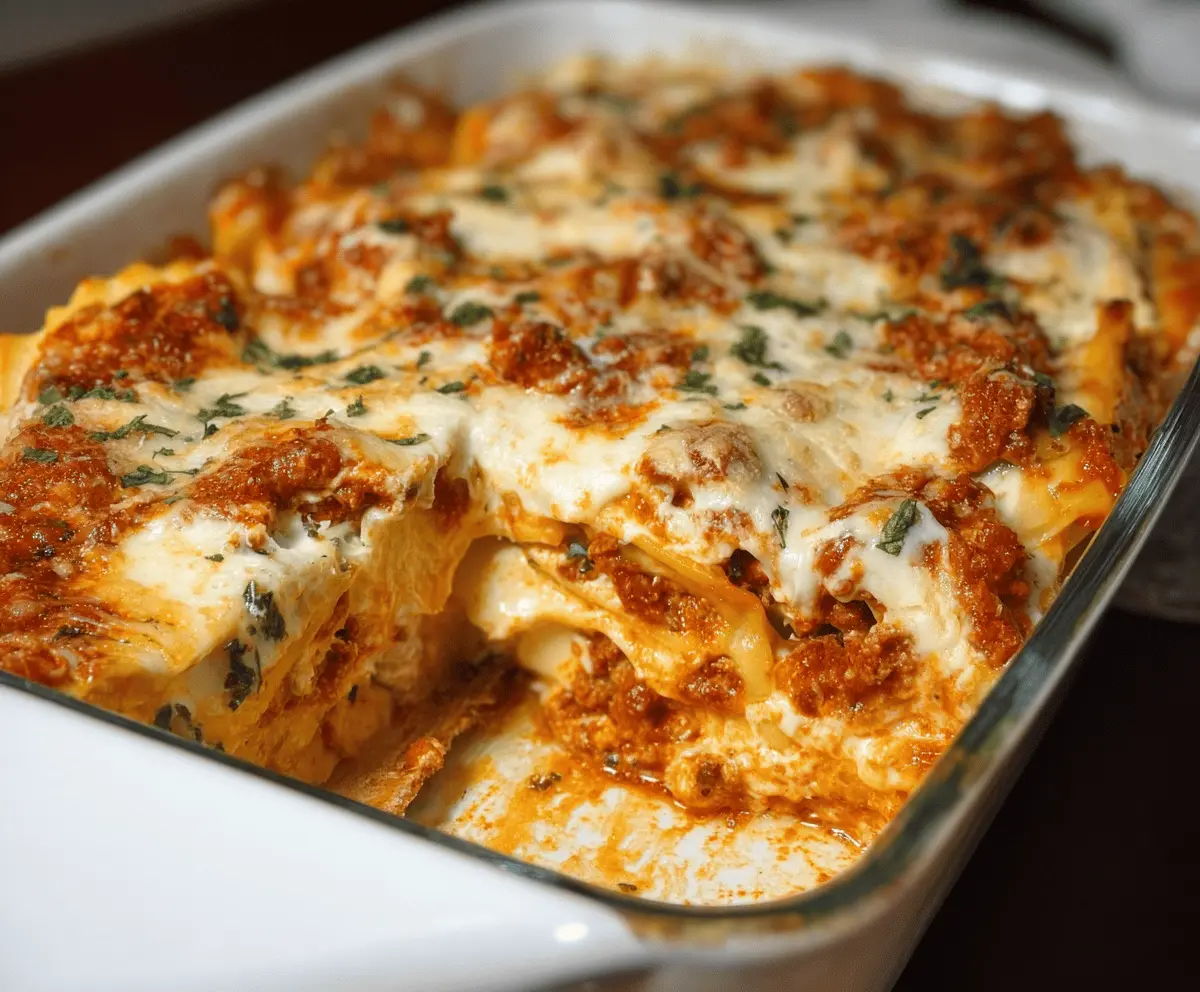 Delicious Million Dollar Ravioli Casserole with melted cheese, savory ravioli, and fresh herbs in a baking dish