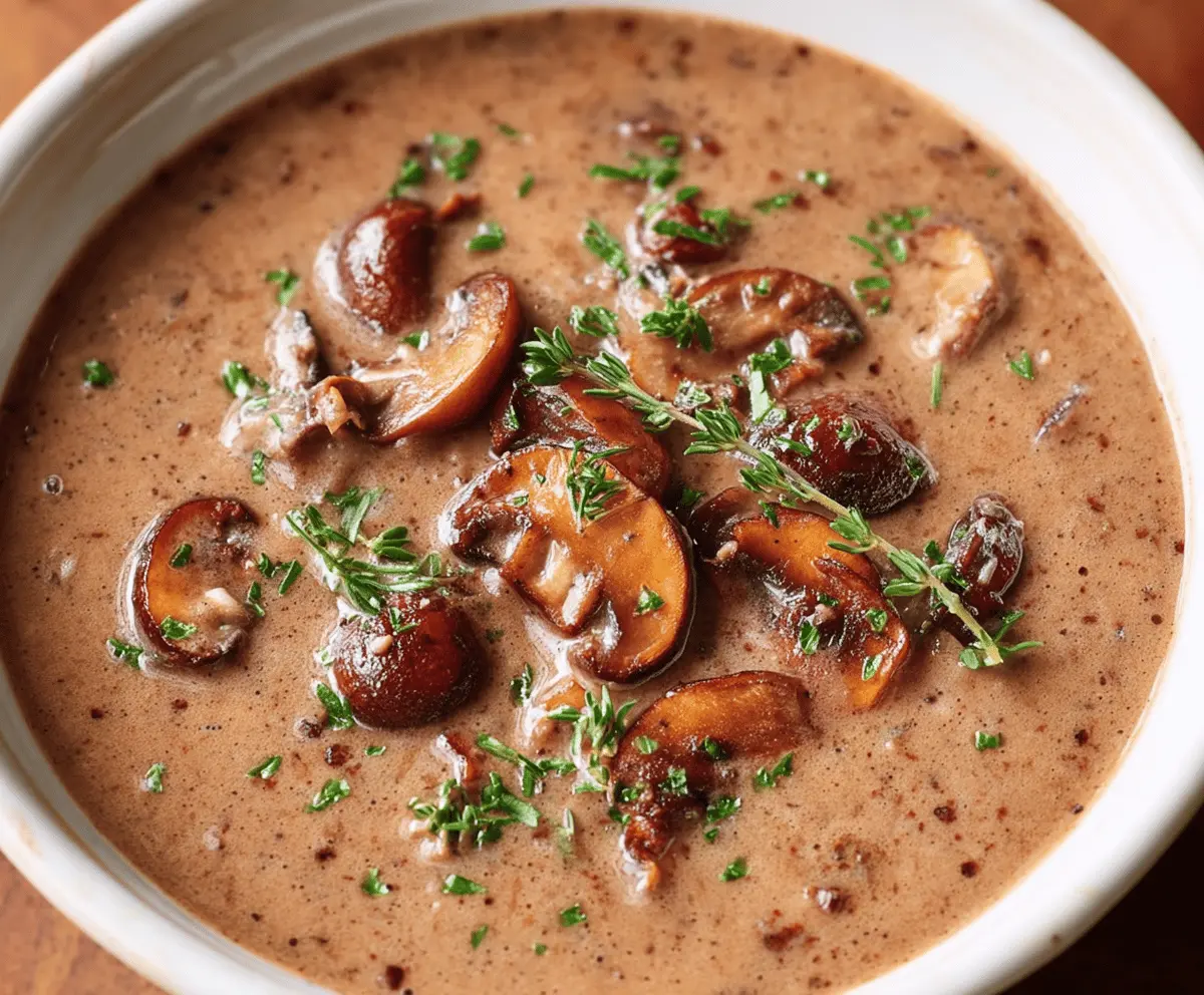 Creamy mushroom soup served in a bowl with fresh herbs and bread on a rustic wooden table, perfect for a comforting meal.
