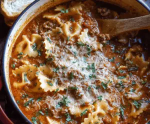 Delicious One Pot Lasagna Soup in a bowl topped with melted cheese and fresh herbs, perfect for a cozy meal