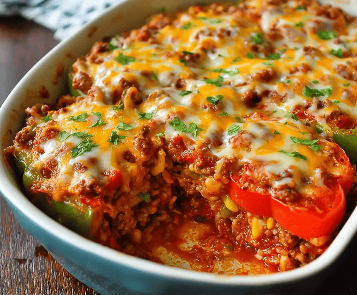 Delicious Pioneer Woman Stuffed Pepper Casserole with colorful bell peppers, ground beef, rice, and melted cheese, perfect for a hearty family meal