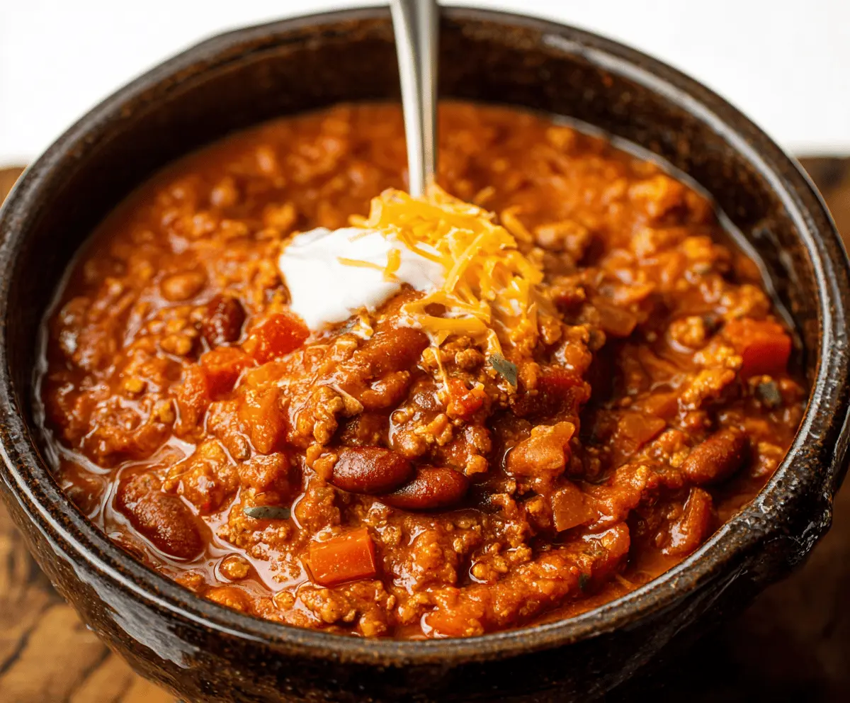 Hearty pumpkin chili in a bowl topped with sour cream and chopped herbs, served with bread on a rustic wooden table.