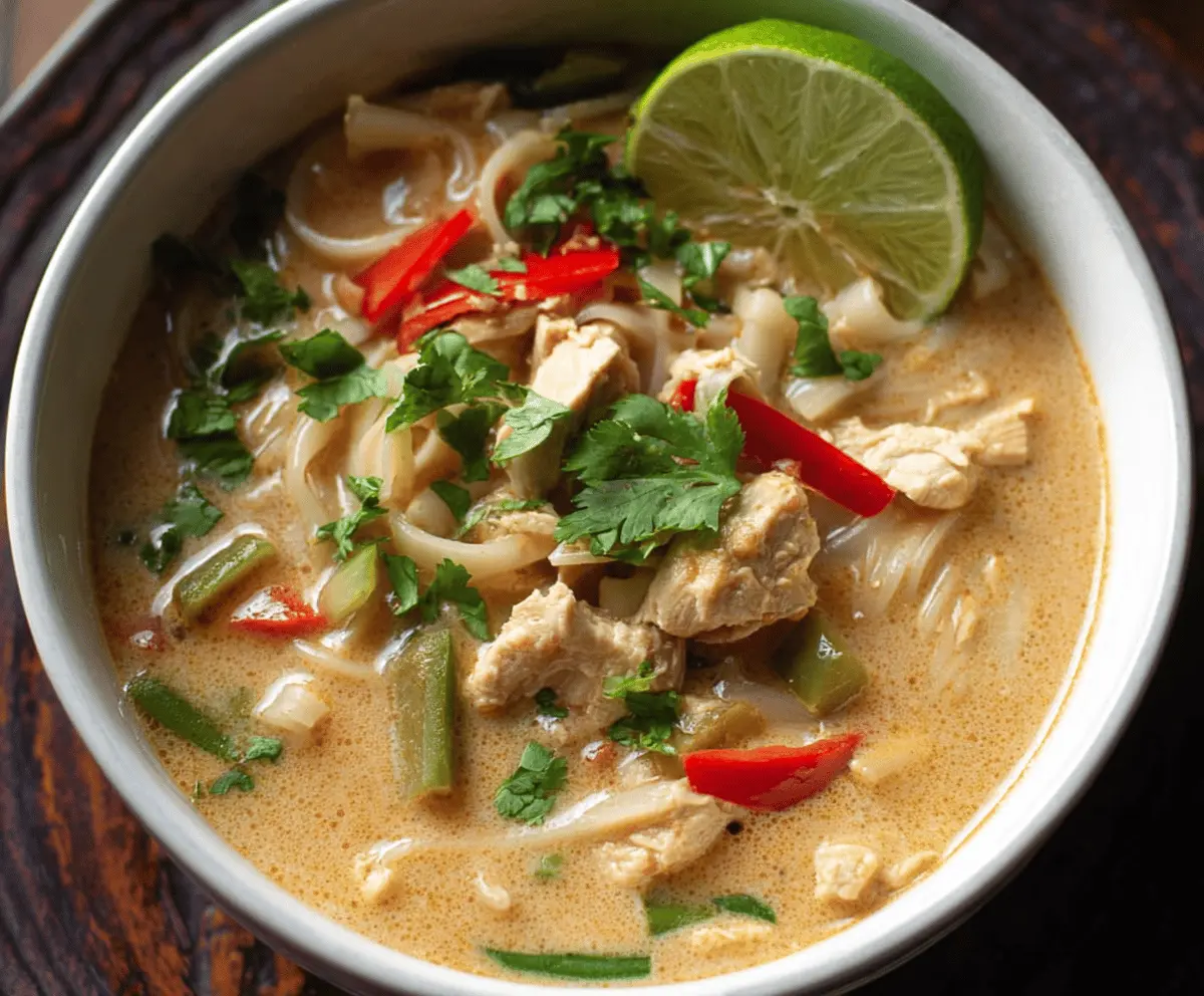 Delicious bowl of Simple Thai Chicken Soup with tender chicken, fresh herbs, and flavorful broth garnished with lime and chili peppers.