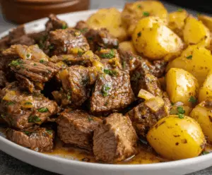 Delicious slow cooker garlic butter beef bites with roasted potatoes on a plate, ready to serve