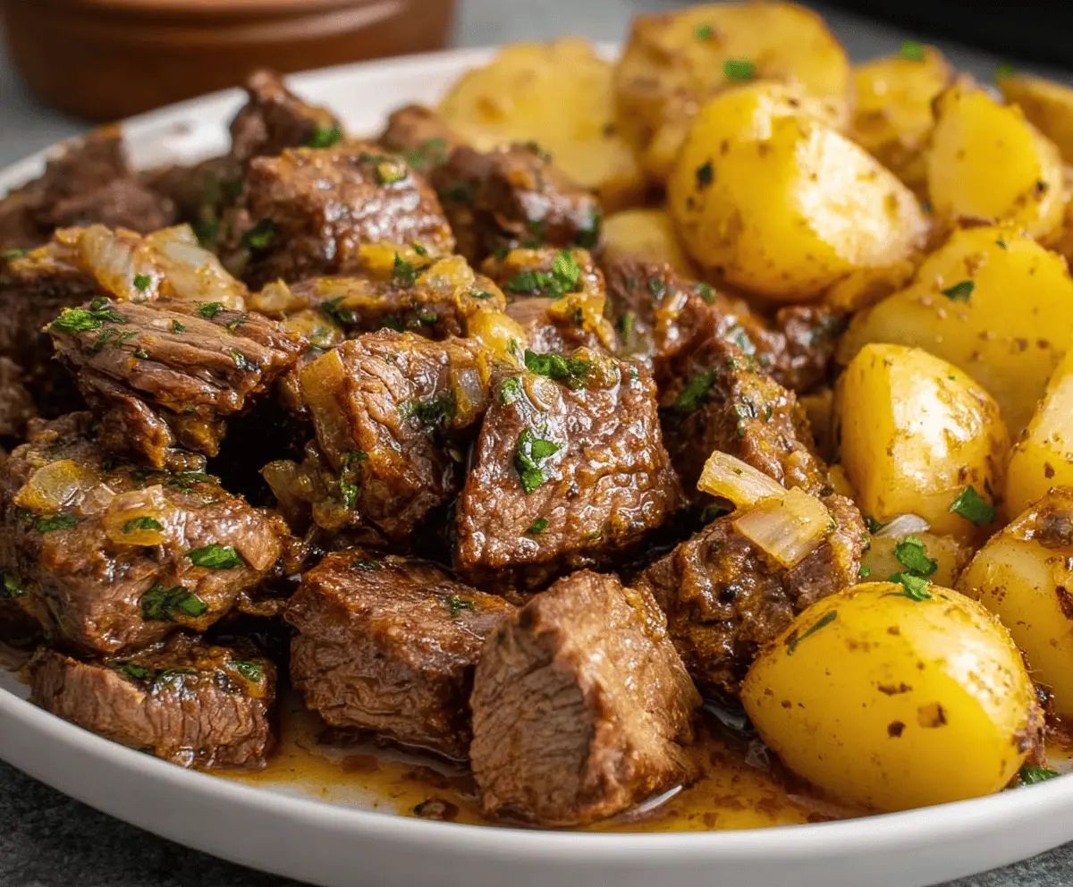 Delicious slow cooker garlic butter beef bites with roasted potatoes on a plate, ready to serve