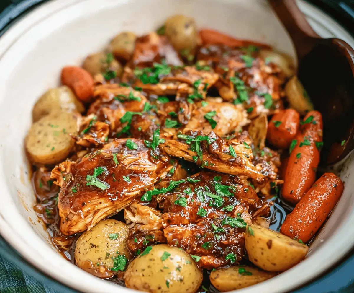 Delicious slow cooker honey garlic chicken with colorful vegetables on a plate, healthy homemade dinner recipe