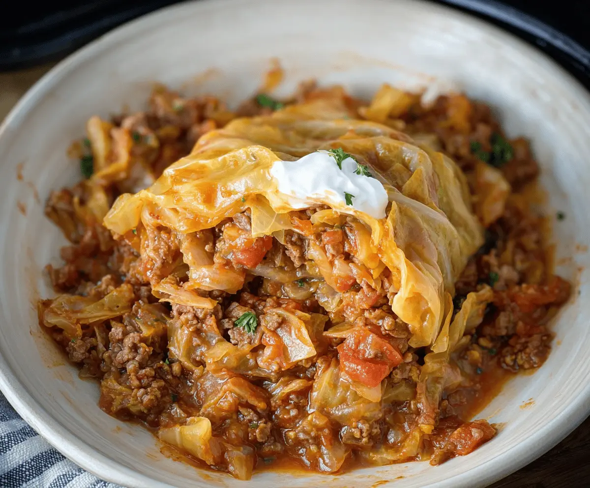 Delicious Slow Cooker Unstuffed Cabbage Rolls served in a bowl with fresh herbs, showcasing tender cabbage and savory ground meat mixture
