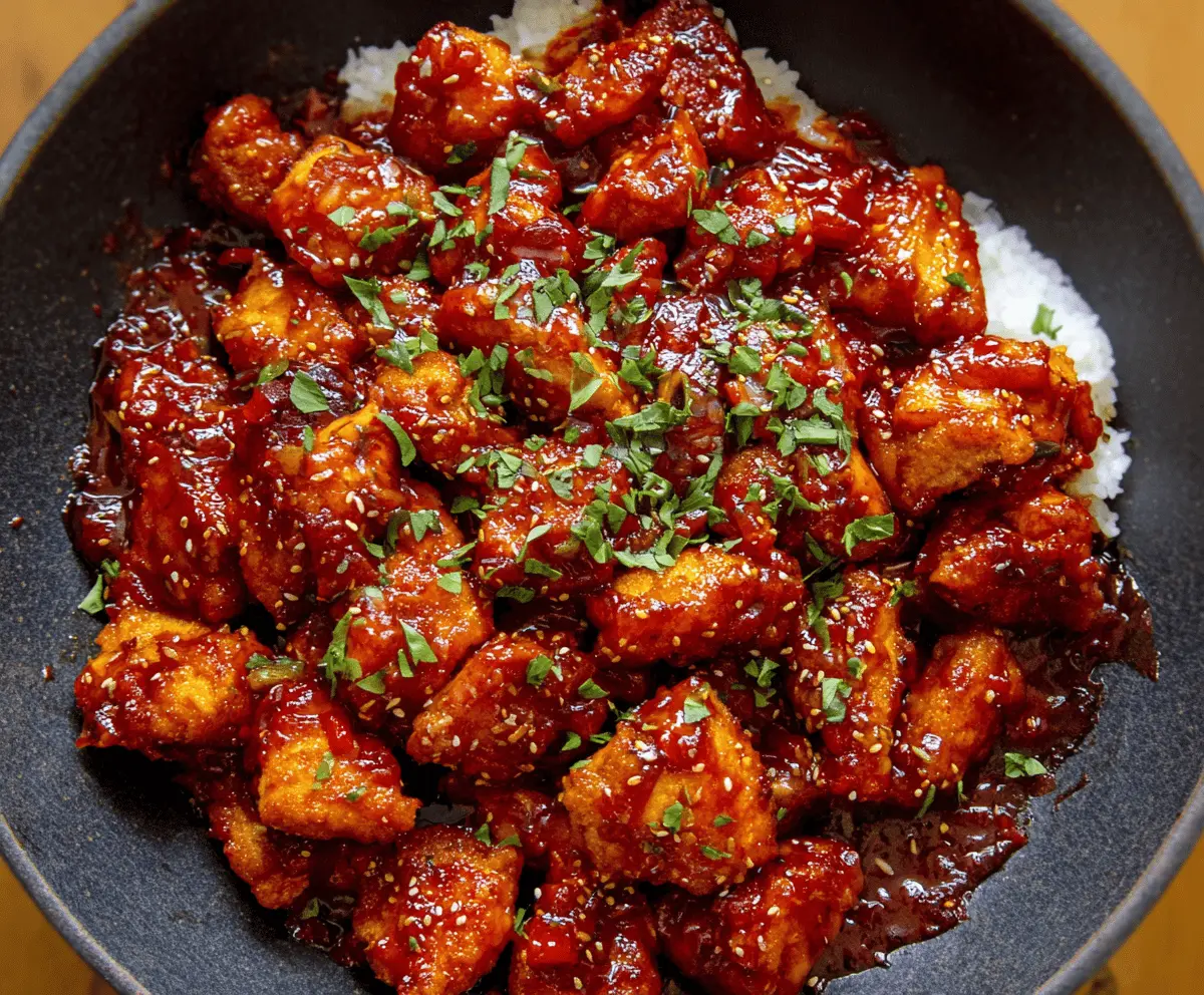 Delicious sweet chili chicken served with vibrant vegetables and garnished with fresh herbs, perfect for a flavorful dinner.