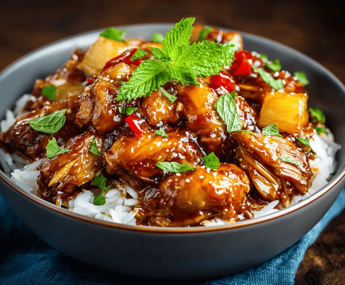 Juicy sweet Hawaiian crockpot chicken served with pineapple chunks and colorful vegetables in a ceramic bowl