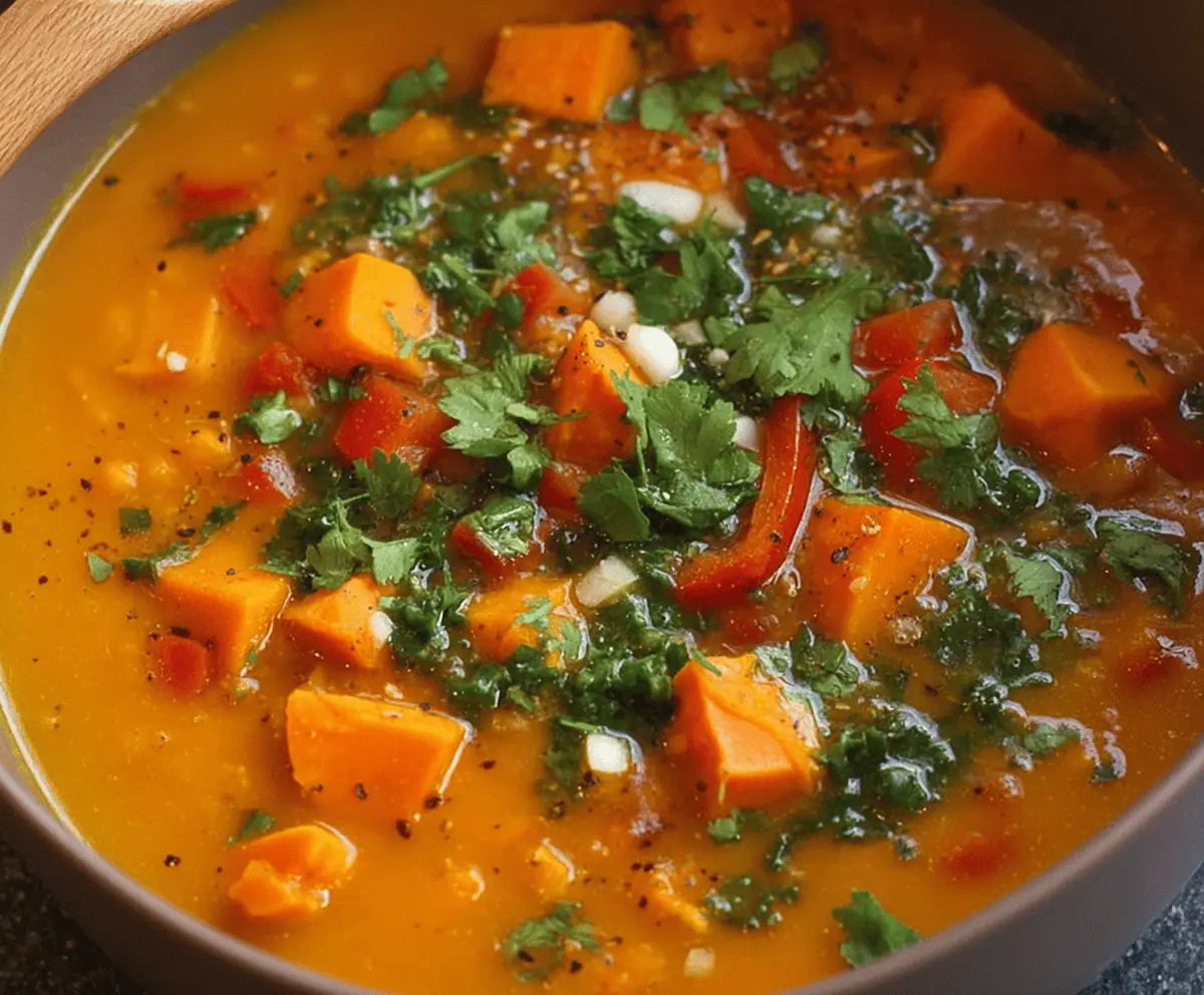 A bowl of vibrant sweet potato vegetable soup garnished with fresh herbs, featuring colorful vegetables and a creamy texture, perfect for a hearty, healthy meal.