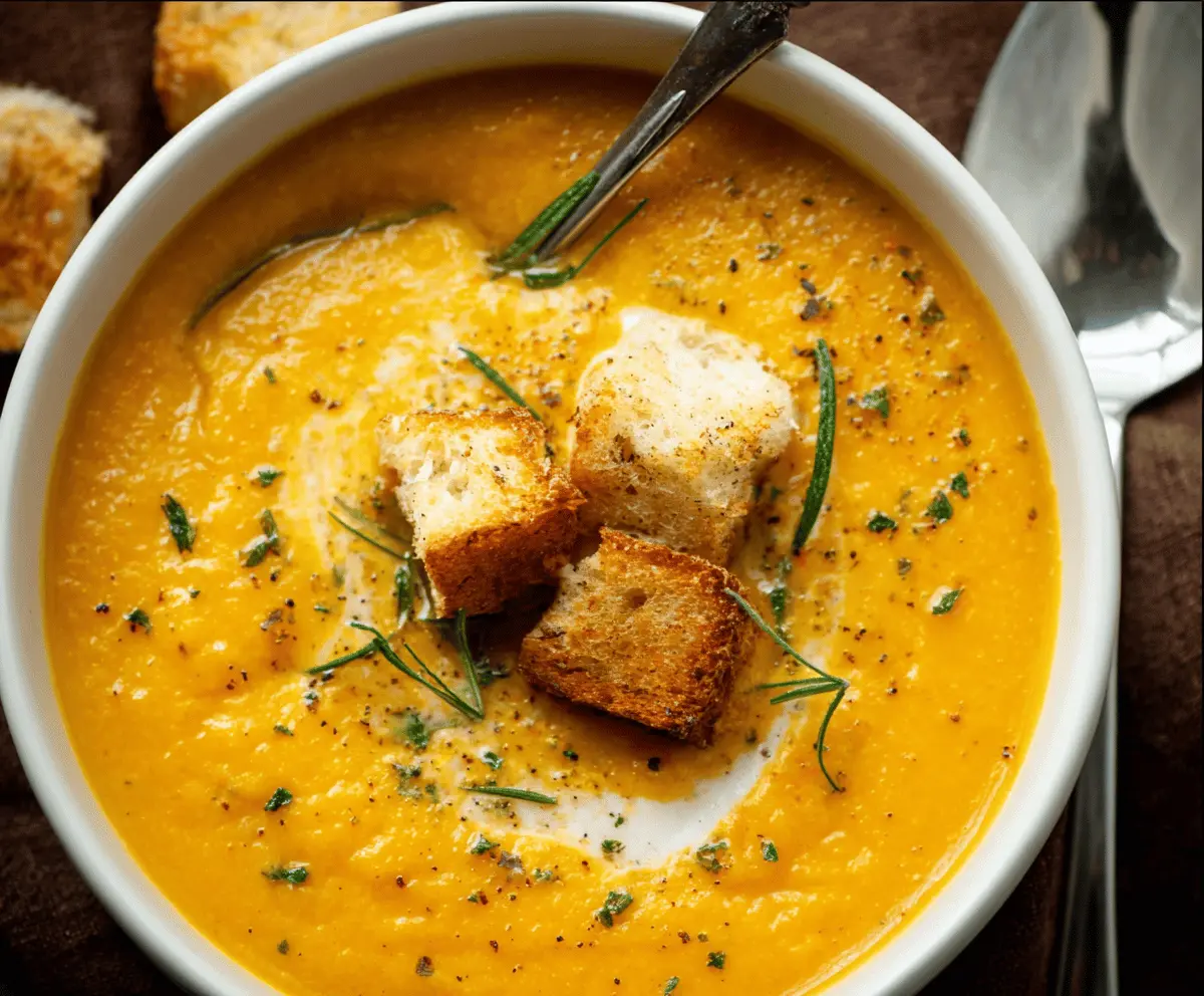 A steaming bowl of flavorful roasted winter vegetable soup featuring colorful carrots, parsnips, potatoes, and herbs, perfect for a cozy, healthy meal.