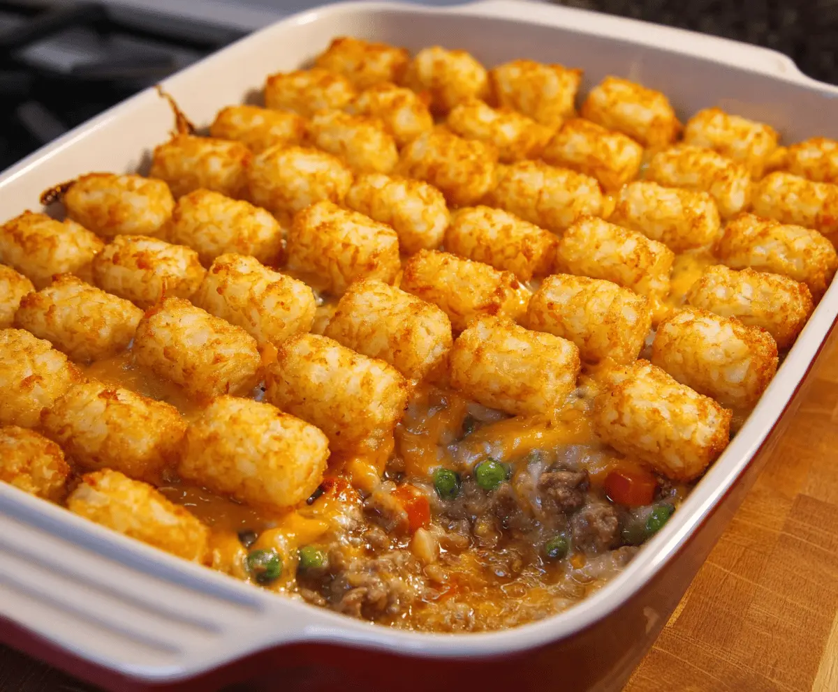 Delicious homemade Tater Tot Casserole with cheesy, savory layers, topped with golden crispy Tater Tots and fresh herbs, perfect for a comforting family meal.