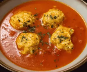 Creamy tomato soup topped with melted cheese dumplings served in a bowl, garnished with fresh herbs for a comforting and flavorful meal.