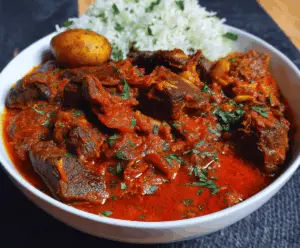 Delicious Nigerian beef stew with tender meat, rich tomato sauce, and vibrant spices, perfect for serving with rice or plantains.