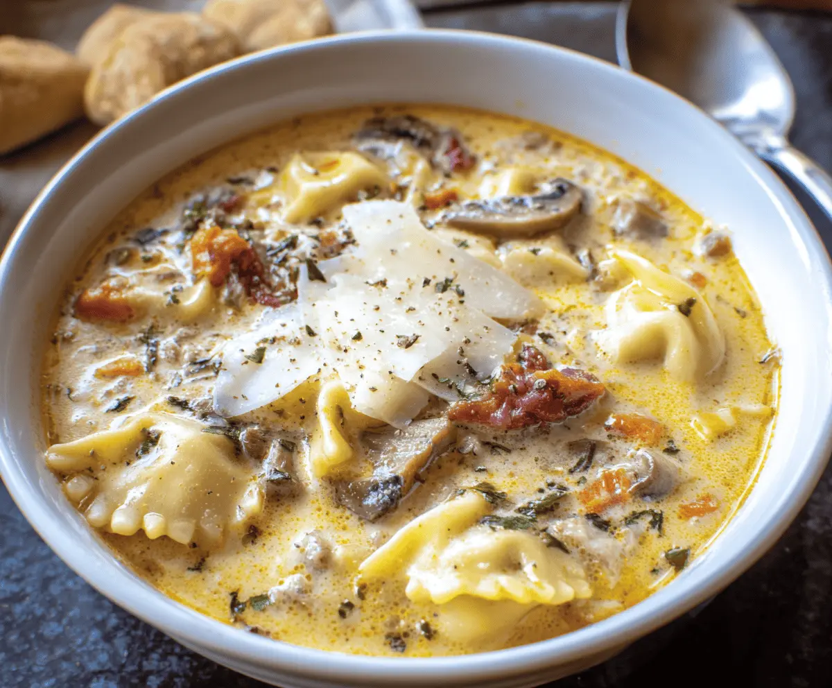 Creamy White Lasagna Soup topped with melted cheese, fresh herbs, and served in a bowl, showcasing a delicious and comforting Italian-inspired dish.