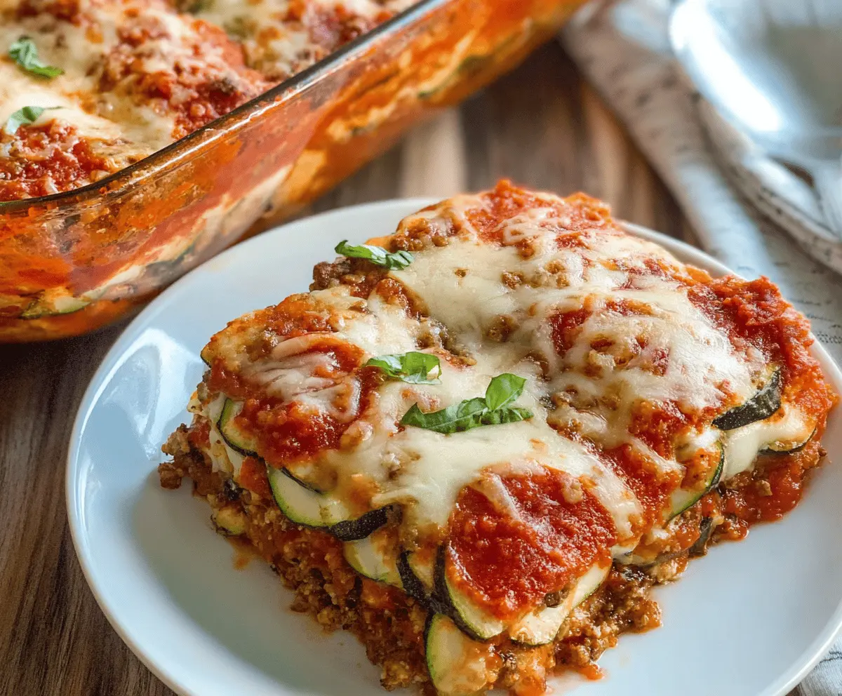 Delicious zucchini pizza casserole topped with melted cheese and fresh herbs, served in a baking dish