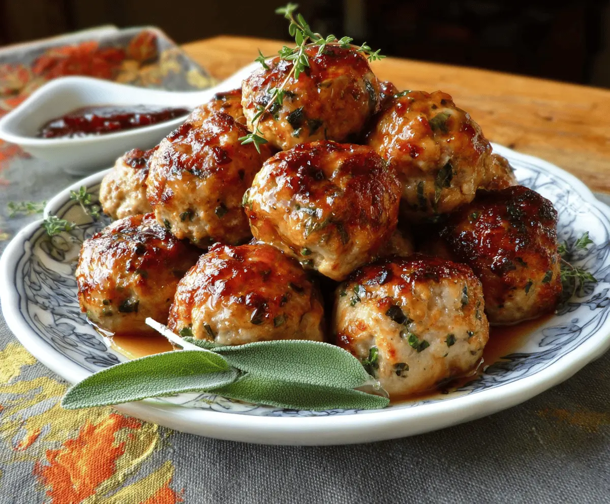 Juicy apple and sage turkey meatballs served on a plate, garnished with fresh herbs for a flavorful and healthy meal.