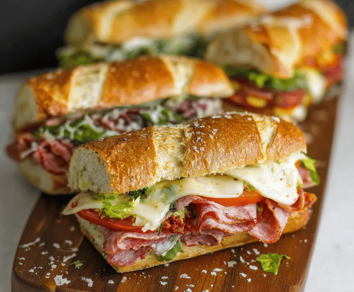 Delicious baked Italian grinder sandwiches filled with meats, cheeses, and fresh vegetables served on toasted bread