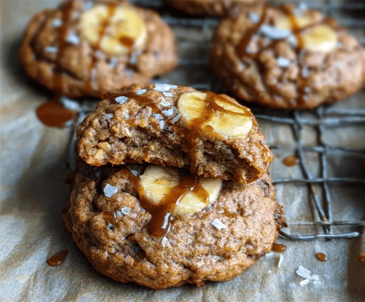 Delicious homemade banana bread cookies with ripe bananas, nuts, and chocolate chips on a baking sheet