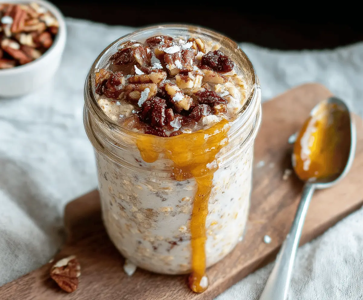 Creamy brown sugar overnight oats in a glass jar topped with fresh fruit and nuts, perfect for a healthy breakfast