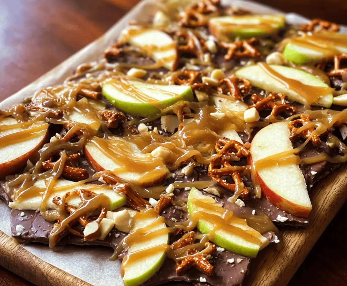 Delicious homemade caramel apple bark topped with chopped nuts and colorful candy pieces on a rustic wooden surface