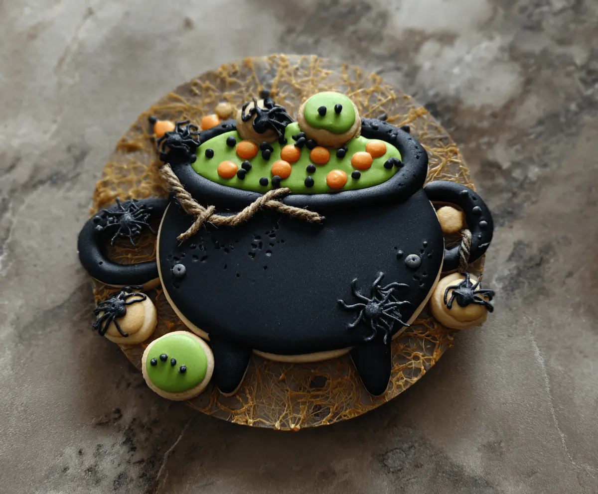 Delicious Cauldron Cookies with colorful icing and candy decorations for a spooky Halloween treat