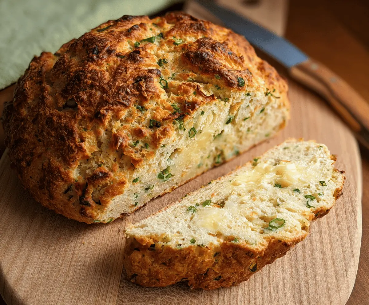Golden homemade cheddar and herb soda bread topped with fresh herbs, perfect for a savory breakfast or snack.