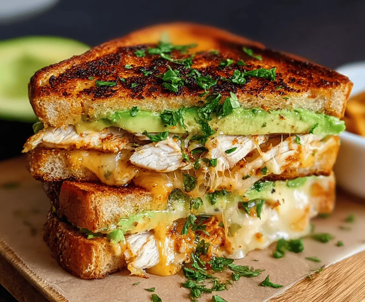 Delicious Cheesy Chicken Avocado Melt sandwich with melted cheese, crispy bread, and fresh avocado slices, perfect for a flavorful meal
