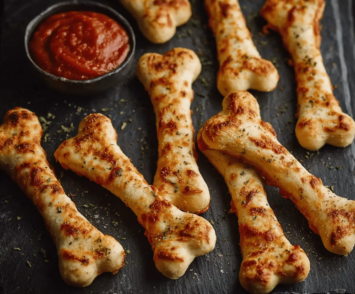 Delicious cheesy Halloween breadstick bones with melted cheese and spooky design for a festive appetizer