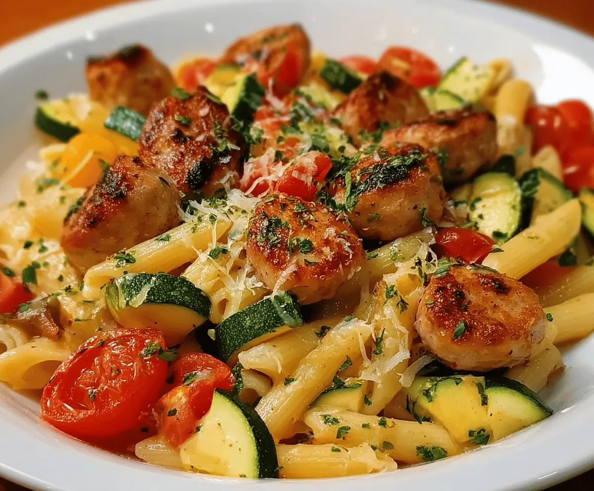 Delicious chicken sausages with zucchini, fresh tomatoes, and pasta on a plate, garnished with herbs for a flavorful meal