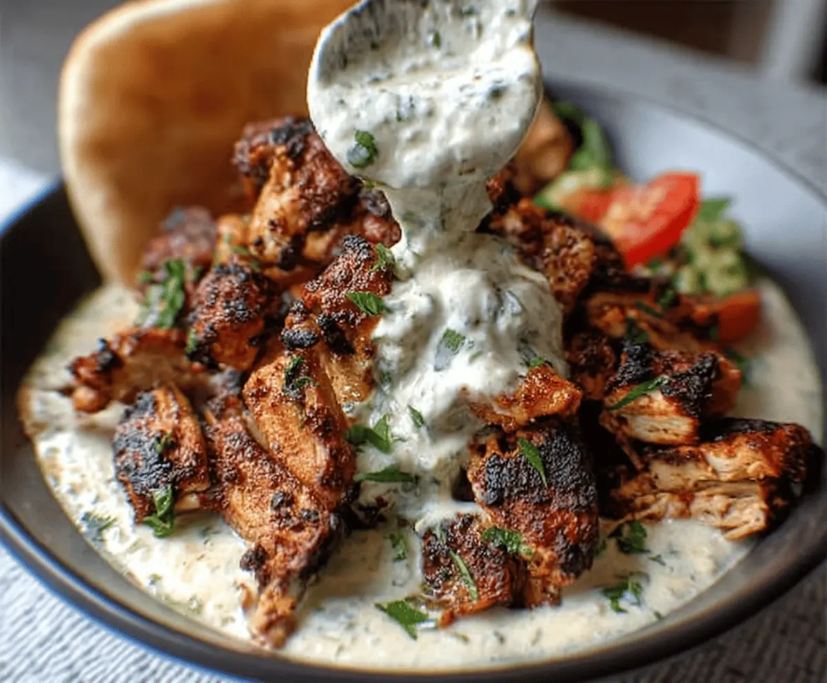 Delicious homemade chicken shawarma served with creamy garlic sauce on a platter with fresh vegetables and pita bread