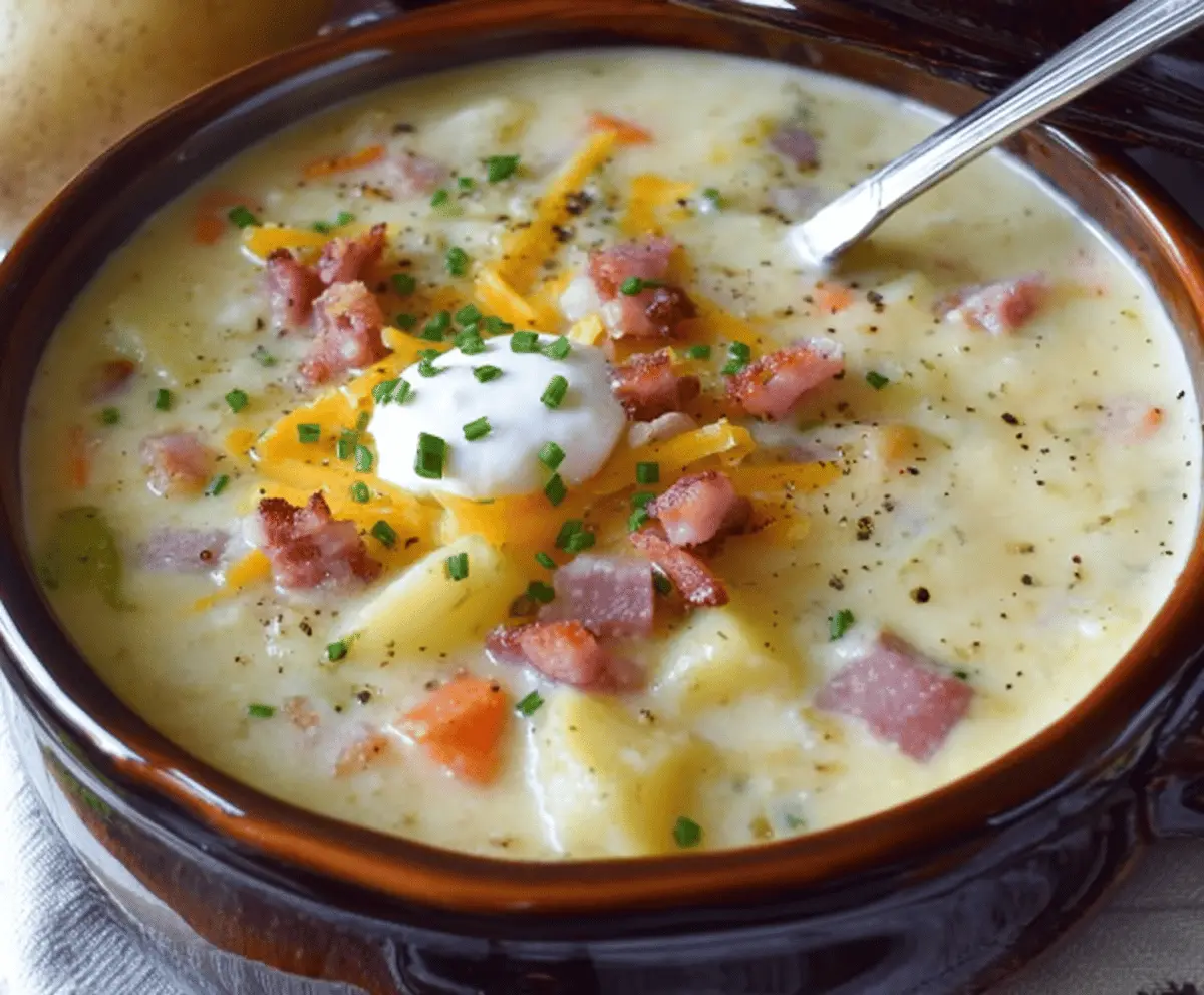 Creamy classic Old Fashioned loaded potato soup topped with shredded cheese, crispy bacon bits, chopped green onions, and a dollop of sour cream in a rustic bowl.