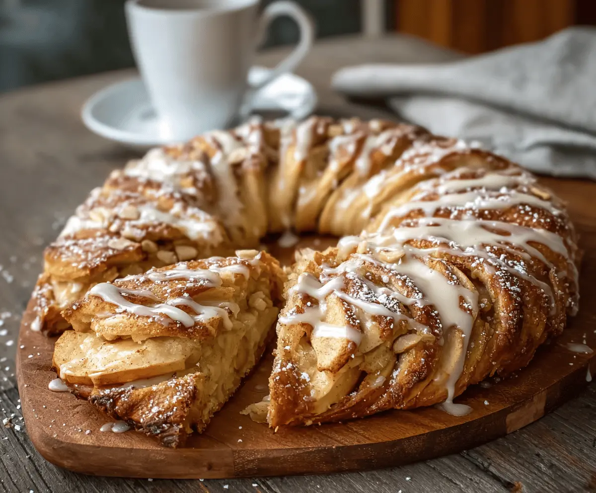 Delicious Cozy Apple Kringle topped with creamy vanilla glaze, perfect for dessert or breakfast