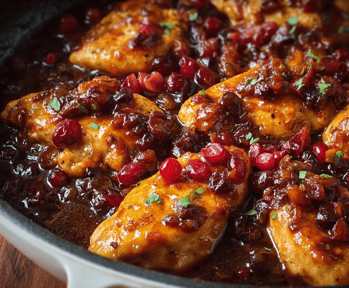 Juicy baked cranberry orange chicken garnished with fresh herbs on a white serving platter, ready to serve