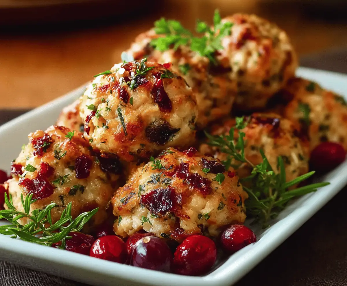 Delicious homemade cranberry turkey stuffing balls served on a plate, perfect for holiday appetizers and festive gatherings.