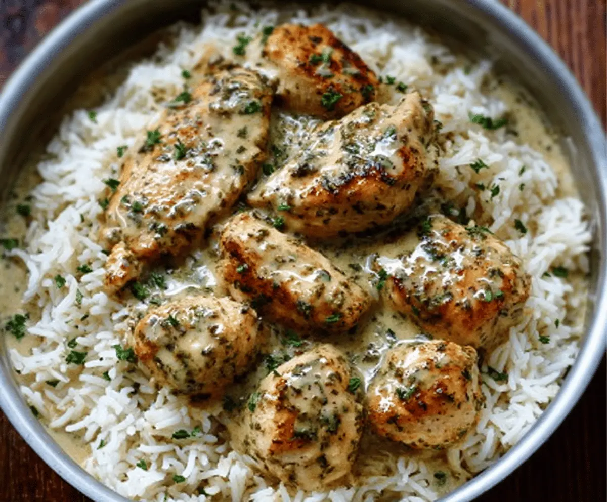 Creamy herb chicken served with fragrant basmati rice on a plate, showcasing a comforting, flavor-packed one-pan meal with fresh herbs and tender chicken pieces