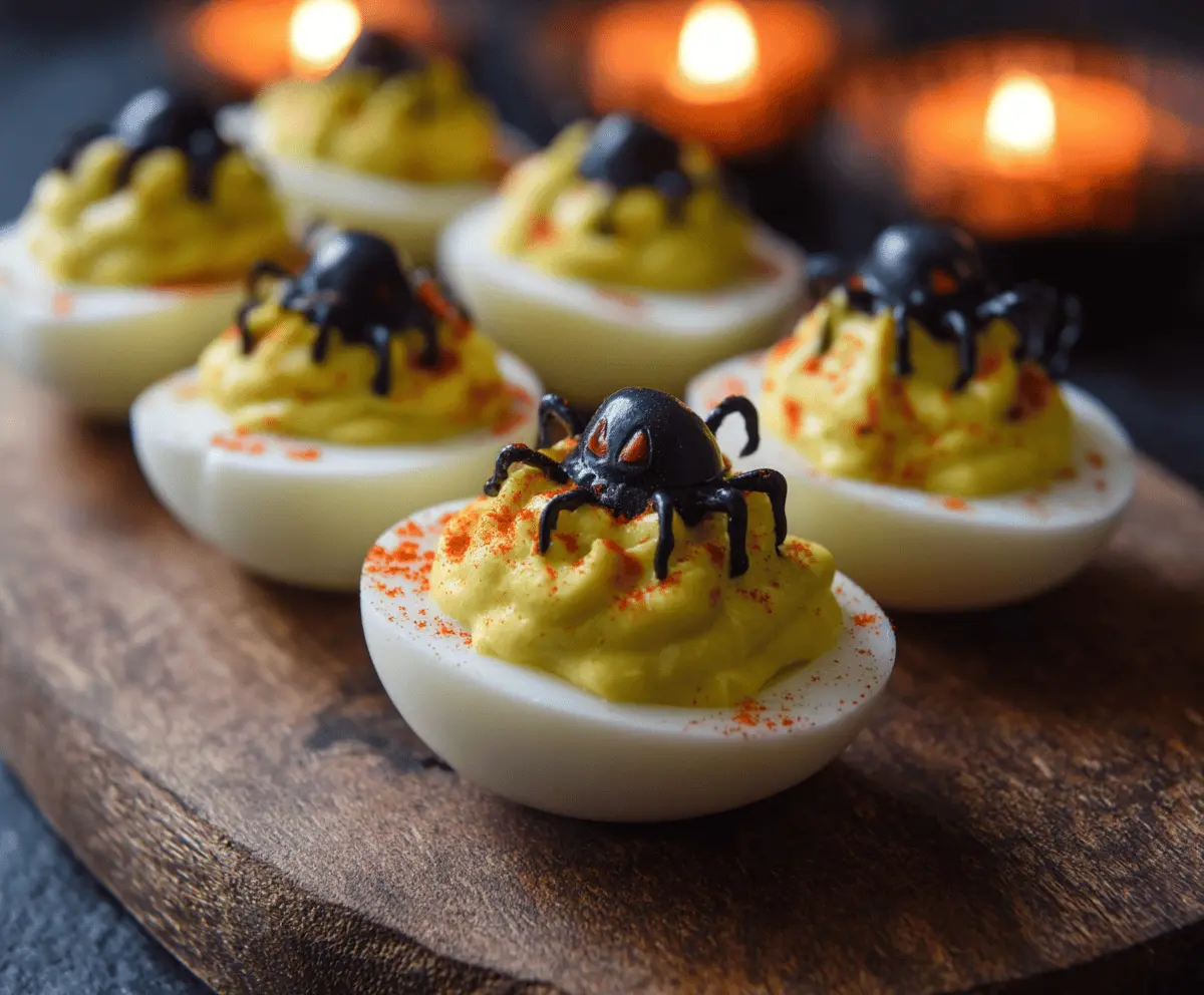 Decorative creepy deviled eggs with spooky eyes and eerie garnishes, perfect for a Halloween-themed appetizer