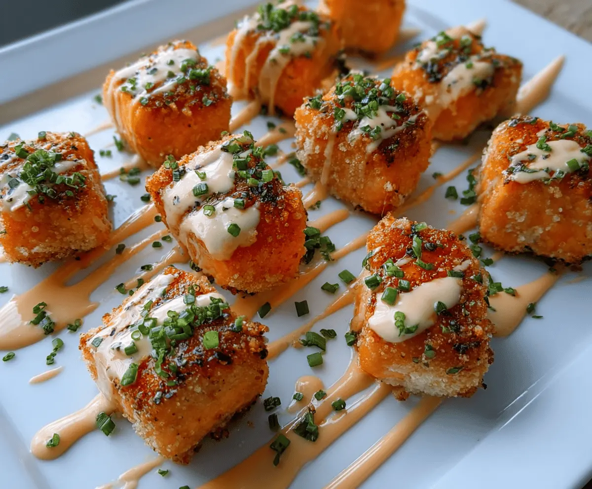 Crispy Bang Bang Salmon Bites served on a white plate with a spicy mayo dipping sauce, garnished with green onions and sesame seeds