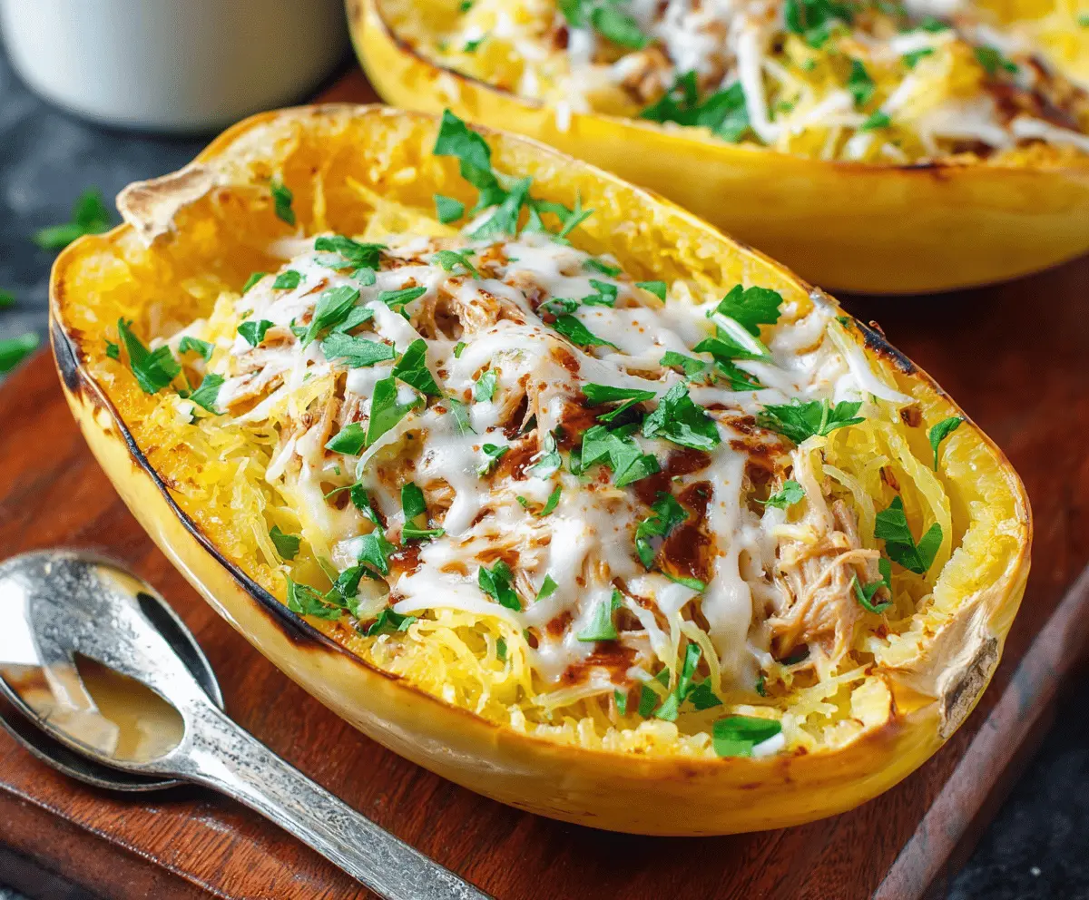 Colorful, healthy spaghetti squash dinner served on a plate with fresh herbs and vegetables