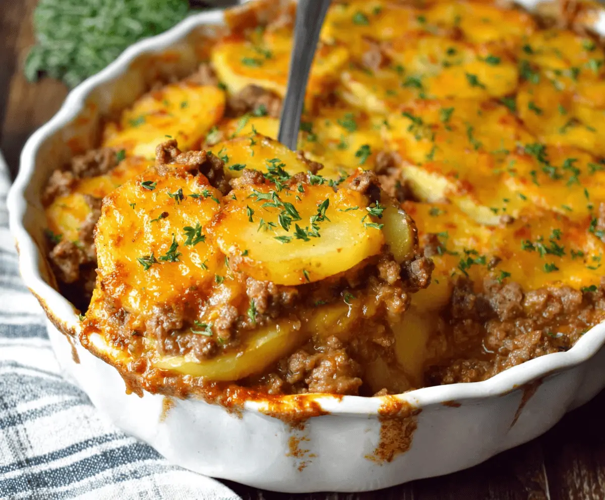 Savory ground beef and potato casserole topped with melted cheese, ready to serve