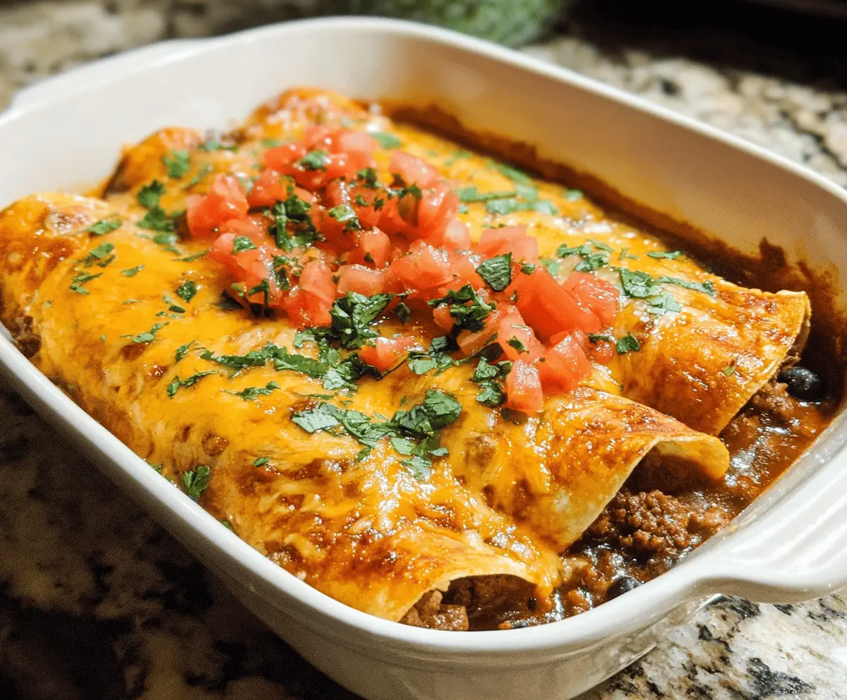 Heaping plate of homemade ground beef enchiladas garnished with cheese and cilantro, ready to serve in 30 minutes