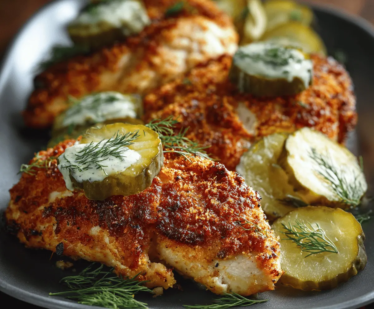 Juicy Parmesan chicken topped with tangy dill pickle slices, served with fresh herbs and lemon wedges for a flavorful Dill Pickle Parmesan Chicken dish.