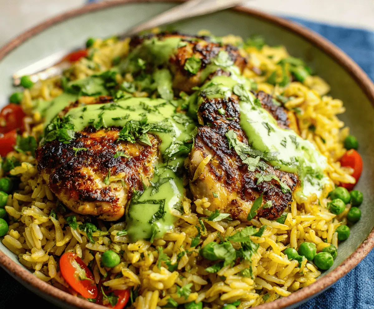 Delicious Peruvian chicken and rice dish topped with vibrant green sauce, perfect for a flavorful and easy meal.