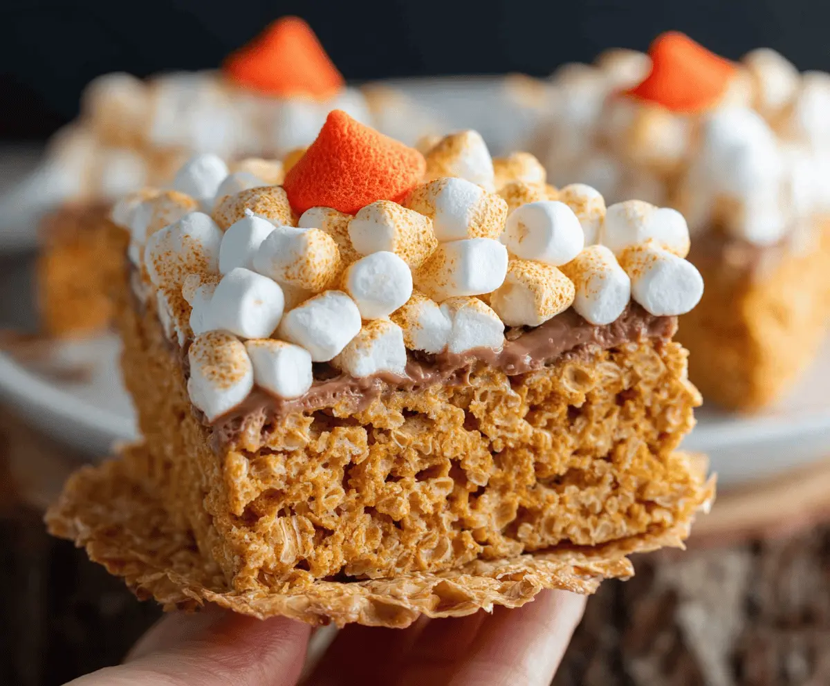 Delicious easy pumpkin pie marshmallow treats topped with whipped cream and fall spices, perfect for autumn desserts.