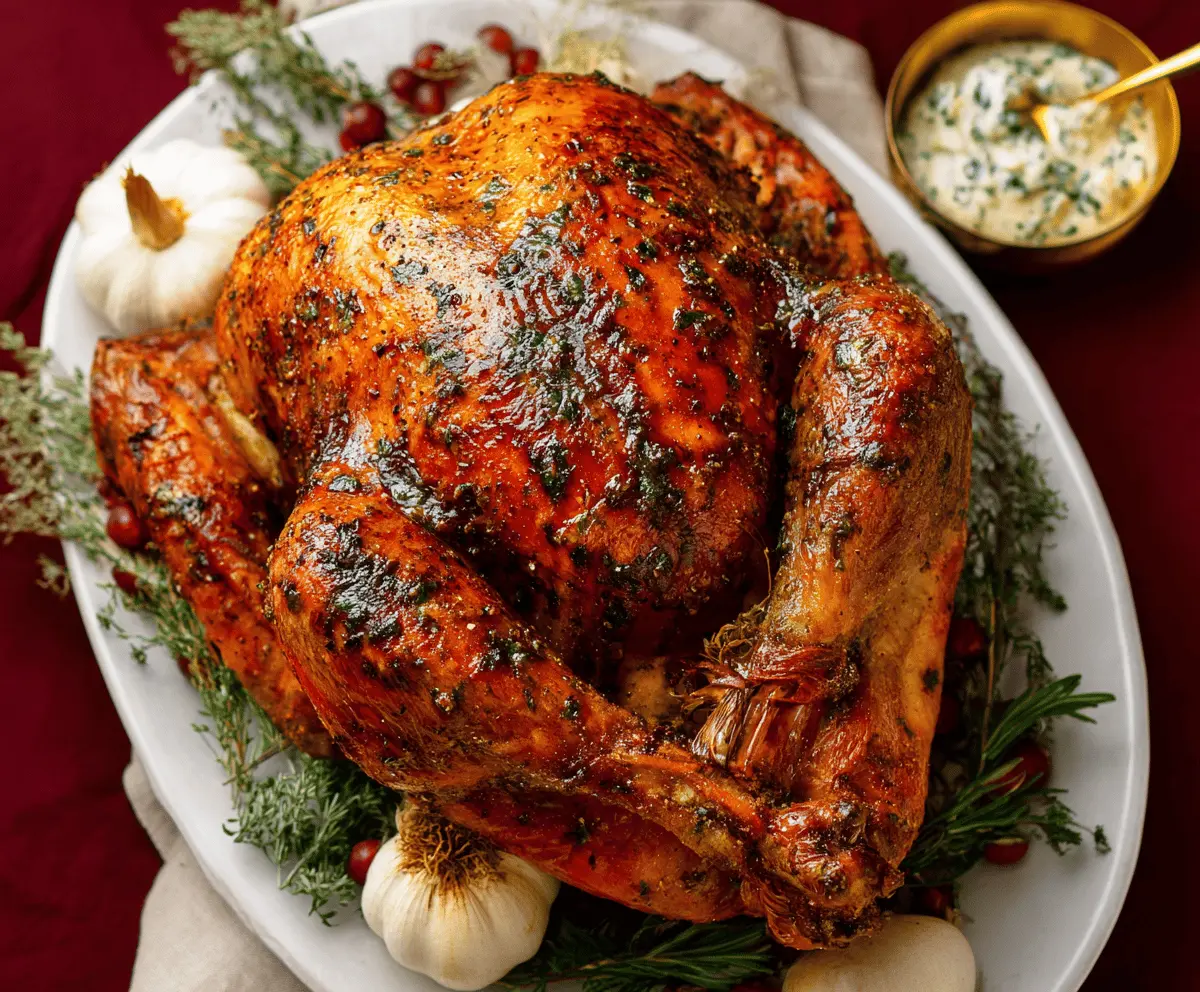 Juicy Garlic Herb Butter Roast Turkey garnished with fresh herbs on a serving platter, perfect for holiday dinners.