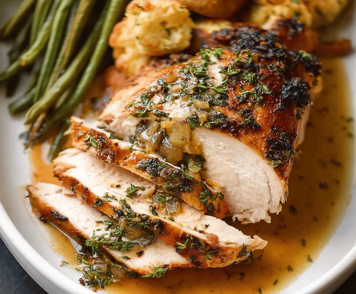 Juicy garlic herb slow cooker turkey breast served with fresh herbs and vegetables on a plate